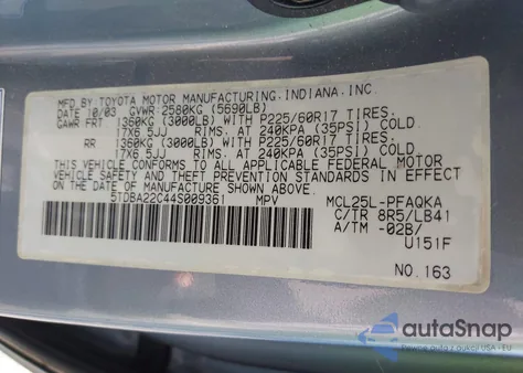 2004 Toyota Sienna Xle from USA, damaged, VIN 5TDBA22C44S009361